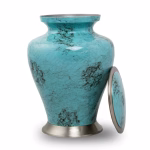 Glenwood Blue cremation urn shown with matching lid, featuring turquoise blue marble-style finish, natural veining, and brushed metal base