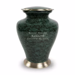 Glenwood Grey cremation urn with custom engraved memorial text, featuring marble-style gray and green veining with brushed metal base