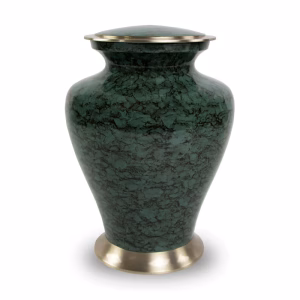Glenwood Grey cremation urn featuring marble-style gray and green veining with brushed metal base and lid, front view without engraving