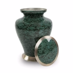 Glenwood Grey cremation urn with lid removed, featuring marble-style gray and green veining and brushed metal base
