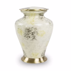 Glenwood White cremation urn featuring marble-style white finish with gray and soft gold veining and gold-tone base