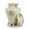Glenwood White cremation urn with lid shown beside urn, featuring marble-style white finish with soft gray and gold veining