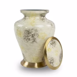 Glenwood White cremation urn with lid shown beside urn, featuring marble-style white finish with soft gray and gold veining