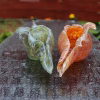 Conch Shells with Cremation Ash in soft green, blue, and warm orange memorial glass, displayed outdoors on a wet glass table in a side-by-side perspective view