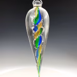 Handmade memorial dewdrop made with cremation ash in Blue, Green and Gold.