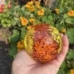 A hand holds a spherical glass cremation paperweight featuring vibrant orange and yellow flower petals encased around infused ashes. Sunlight highlights the layered floral design. Bright orange nasturtium flowers and green foliage fill the background.