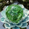 Top-down view of a green Spirit Orb cremation paperweight, a handcrafted swirling glass memorial infused with cremation ashes, resting on a turquoise ceramic lotus stand outdoors with blooming white flowers and greenery surrounding it.