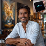 A man wearing a blue opal memorial ring made with hair, seated in an art-filled studio with warm lighting; an inset close-up shows the handcrafted blue opal remembrance ring with hair strands preserved inside.