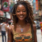 Model wearing a Boho Feather Cremation Pendant necklace, featuring a silver feather memorial pendant with blue cremation ash glass inlay, styled with casual bohemian apparel in an outdoor setting