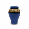 Blue ceramic cremation urn with black paw print band for pet memorial