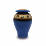 Blue ceramic cremation urn with black paw print band for pet memorial