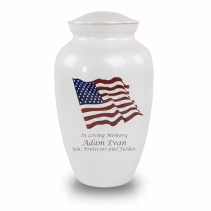 Military American flag bronze cremation urn with custom engraved name and memorial text