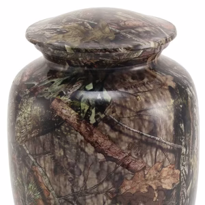 Close-up of Mossy Oak Camo Full-Size Urn showing detailed camouflage pattern on the memorial urn surface, by Sands of Time.