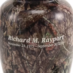 Mossy Oak Camo Full-Size Urn with custom text engraving displayed on the front, by Sands of Time.