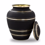 Black onyx cremation urn with gold accent bands and removable lid