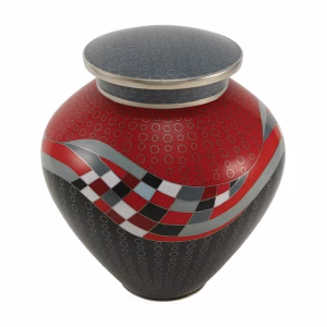 Opulence red full size cloisonné cremation urn with black, silver, and geometric wave pattern