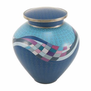 Opulence teal full size cloisonné cremation urn with blue, silver, and geometric wave pattern