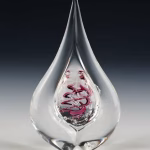Teardrop memorial glass keepsake with cremation ash, featuring a clear sculpted teardrop form and a deep red and black spiral design suspended inside the inner glass chamber, photographed upright against a dark studio background.