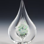 Teardrop memorial glass keepsake with cremation ash, featuring a clear elongated teardrop shape and a delicate green aqua spiral design encased within the glass, photographed upright against a dark studio background.