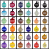 A grid-style glass color chart displaying 30 sample swatches shaped like small jugs. Each swatch is labeled with a color name and marked with T for transparent, S for sparkle, or O for opaque. A note at the bottom states that some colors may shift when combined and that white is not pictured.