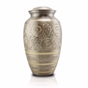 Silver and gold radiant platinum cremation urn with ornate engraved design