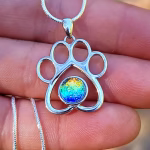 Sterling silver paw print cremation pendant with rainbow design.