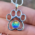 Sterling silver paw print cremation pendant with rainbow design.