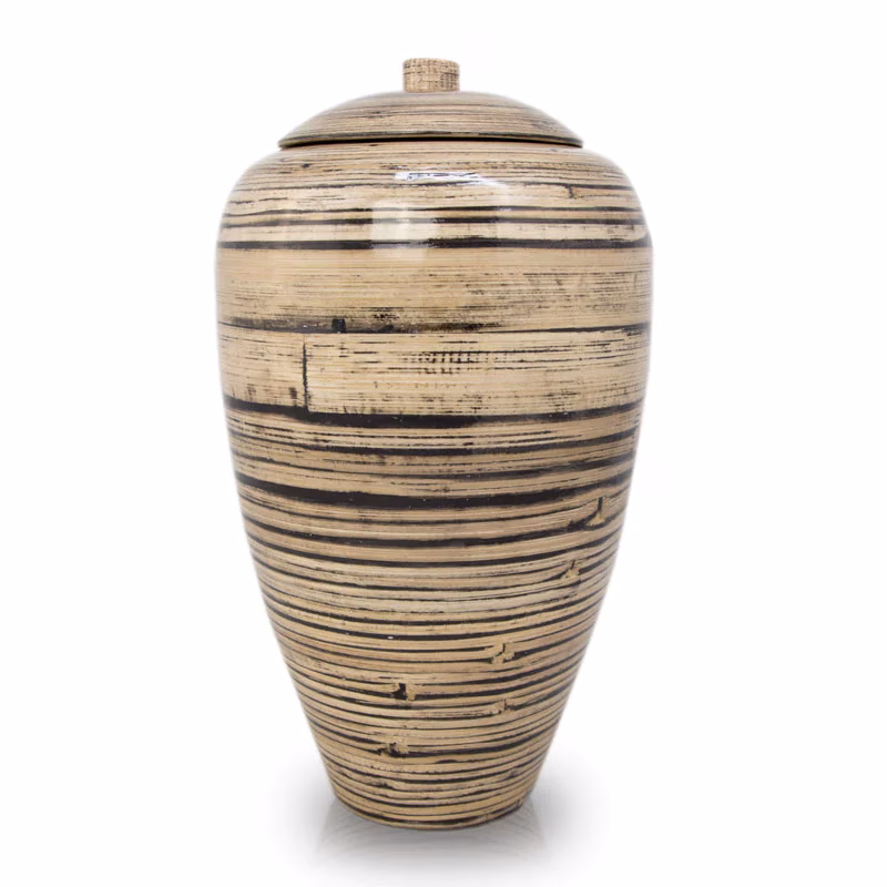 Tall bamboo cremation urn with black-lined natural wood grain finish
