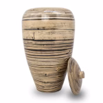 Tall bamboo cremation urn with black-lined natural wood grain finish