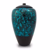 Tall bamboo cremation urn in blue with glossy black base and speckled textured finish
