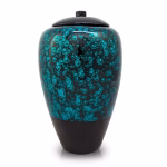 Tall bamboo cremation urn in blue with glossy black base and speckled textured finish