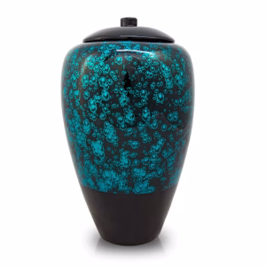 Tall bamboo cremation urn in blue with glossy black base and speckled textured finish