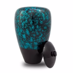 Tall bamboo cremation urn in blue with glossy black base and removable lid