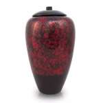 Tall bamboo cremation urn in red with black base and textured finish