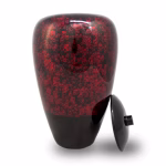 Tall bamboo cremation urn in red with textured finish shown with lid removed