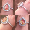 A four-image collage of a teardrop-shaped cremation ring featuring a red-orange iridescent memorial glass stone infused with ashes. The stone is set in a pear-shaped halo of clear gemstones on a slender, gemstone-studded band. Each photo shows a different angle of the ring—including the top view, side profile, and angled perspectives—to highlight the sparkle, prong setting, and detailed craftsmanship.