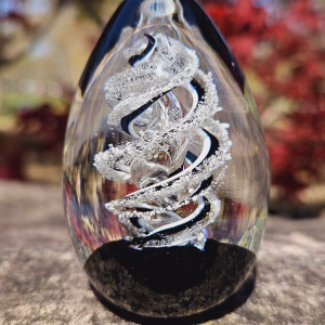 Outdoor view of a spiral egg-shaped cremation glass keepsake featuring a clear glass form with a black and white spiral design and visible cremation ashes suspended inside.