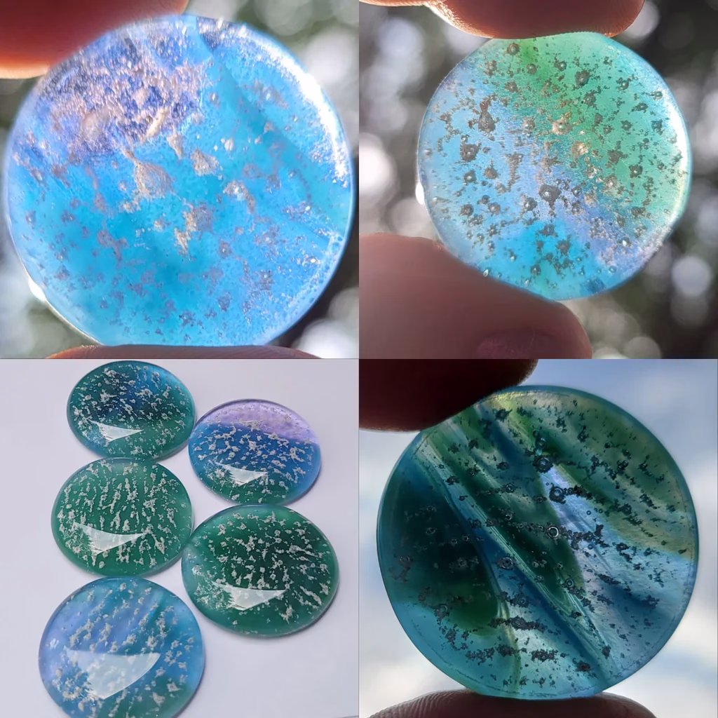 Blue Green Lavender Cremation Stone Set glass stones with cremation ash shown in mixed natural and studio lighting