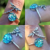 Dragonfly Cremation Ring in the Aqua Crinkle color variation shown in a four-image collage, featuring shimmering aqua memorial glass and a detailed silver dragonfly band displayed on a hand in natural sunlight
