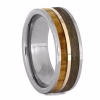 Angled view of tungsten memorial ring with rowan wood inlay, rose gold center channel, and preserved pet fur on white background