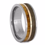 Angled view of tungsten memorial ring with rowan wood inlay, rose gold center channel, and preserved pet fur on white background