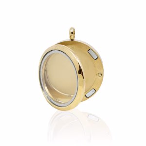 Bronze round stainless steel photo cremation pendant with open magnetic locket, shown empty on a white background.