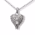 Close-up image of a silver heart-shaped cremation pendant formed by detailed angel wings, shown on a silver chain against a white background.