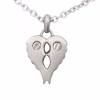 Close-up image of the backside of the Companion Cremation Pendant with Angel Wings, featuring two small screw openings on a brushed silver heart-shaped design.
