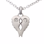 Close-up image of the backside of the Companion Cremation Pendant with Angel Wings, featuring two small screw openings on a brushed silver heart-shaped design.