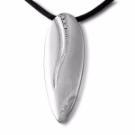 Polished silver cremation pendant with an elongated teardrop shape, featuring a flowing engraved curve accented by a row of small sparkling diamonds, shown hanging from a black cord.