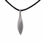 Sterling silver teardrop cremation pendant featuring a curved row of sparkling diamonds on a black cord, designed to hold a small amount of ashes