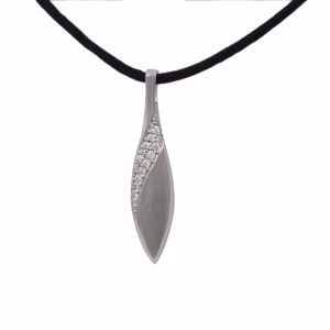 Sterling silver teardrop cremation pendant featuring a curved row of sparkling diamonds on a black cord, designed to hold a small amount of ashes