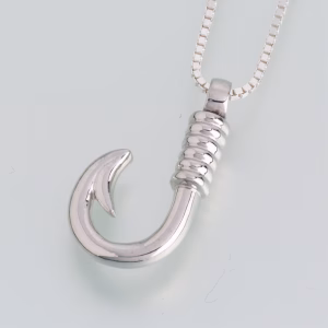 Fish hook cremation pendant in sterling silver with cremation ash compartment