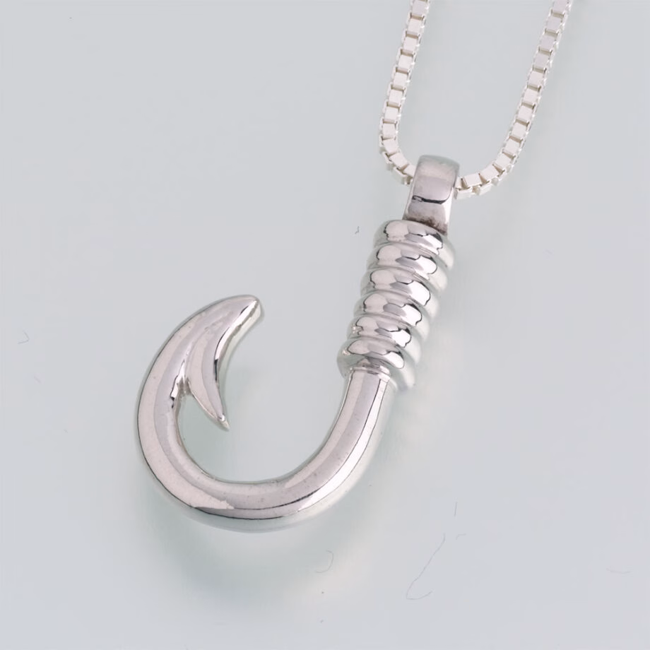 Fish hook cremation pendant in sterling silver with cremation ash compartment